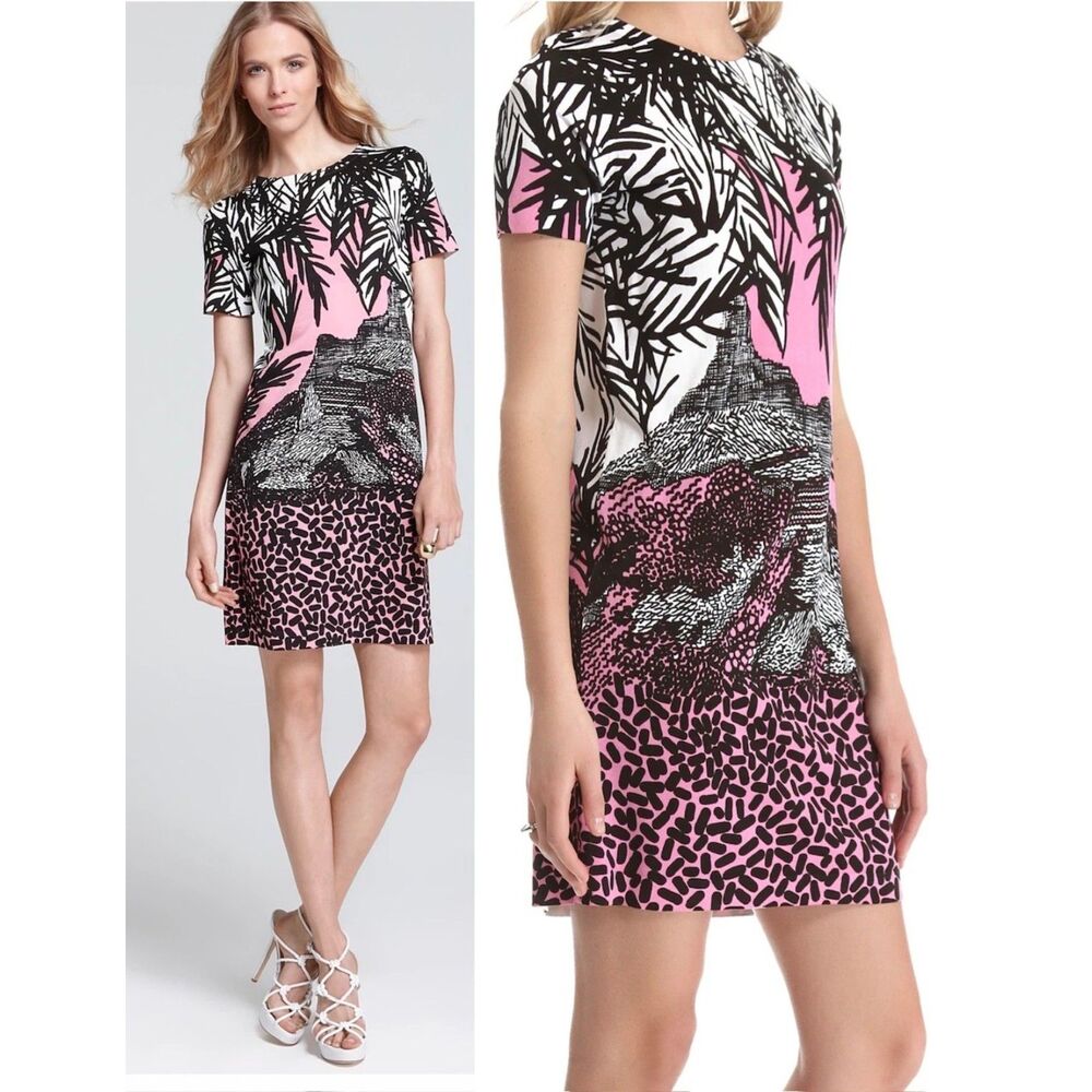 DIANE VON FURSTENBERG Kival Bazooka Black/White/Pink Landscape Dress, Sz M
